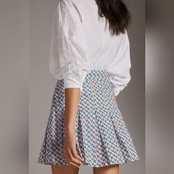 Anthropologie Maeve Pleated Mini Skirt Blue Geometric Floral Plus Size 4 - Picture 4 of 11